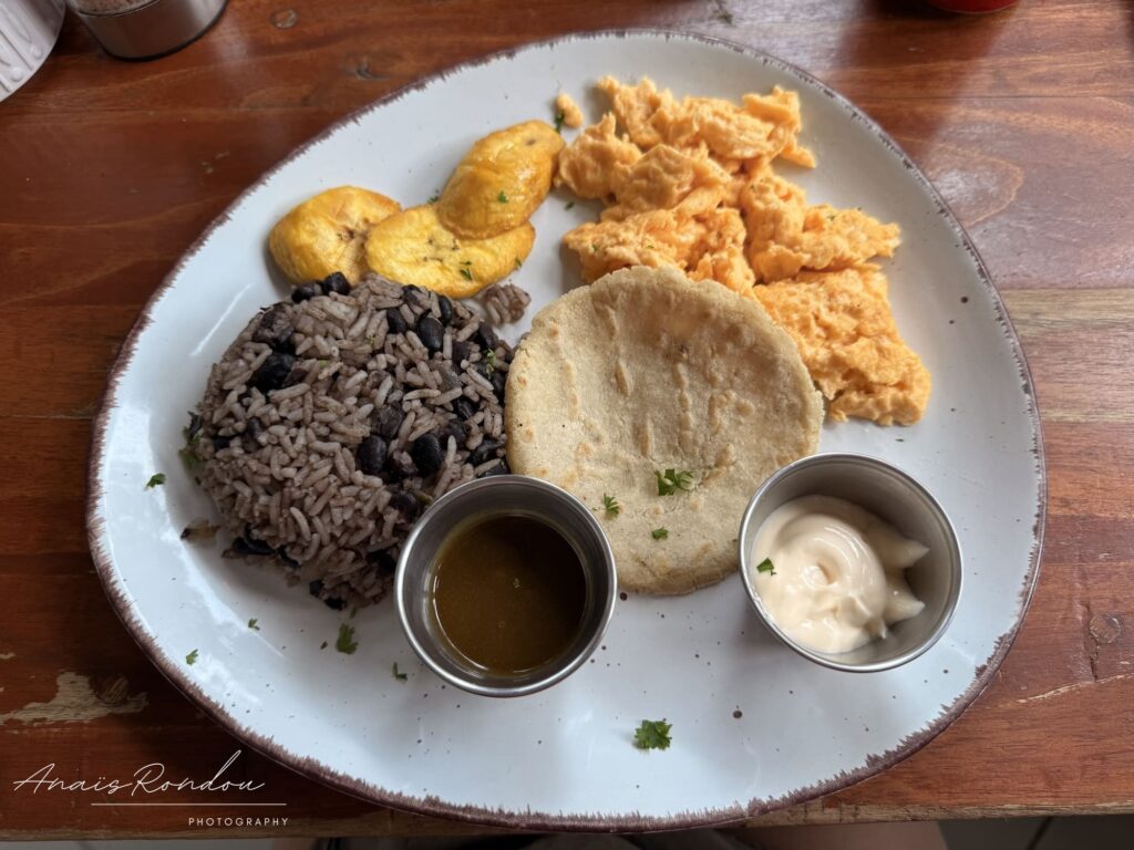 gallo pinto plat costaricain Plat typique du Costa Rica fait de riz, haricots noir, oeufs et tortillas nommé gallo pinto