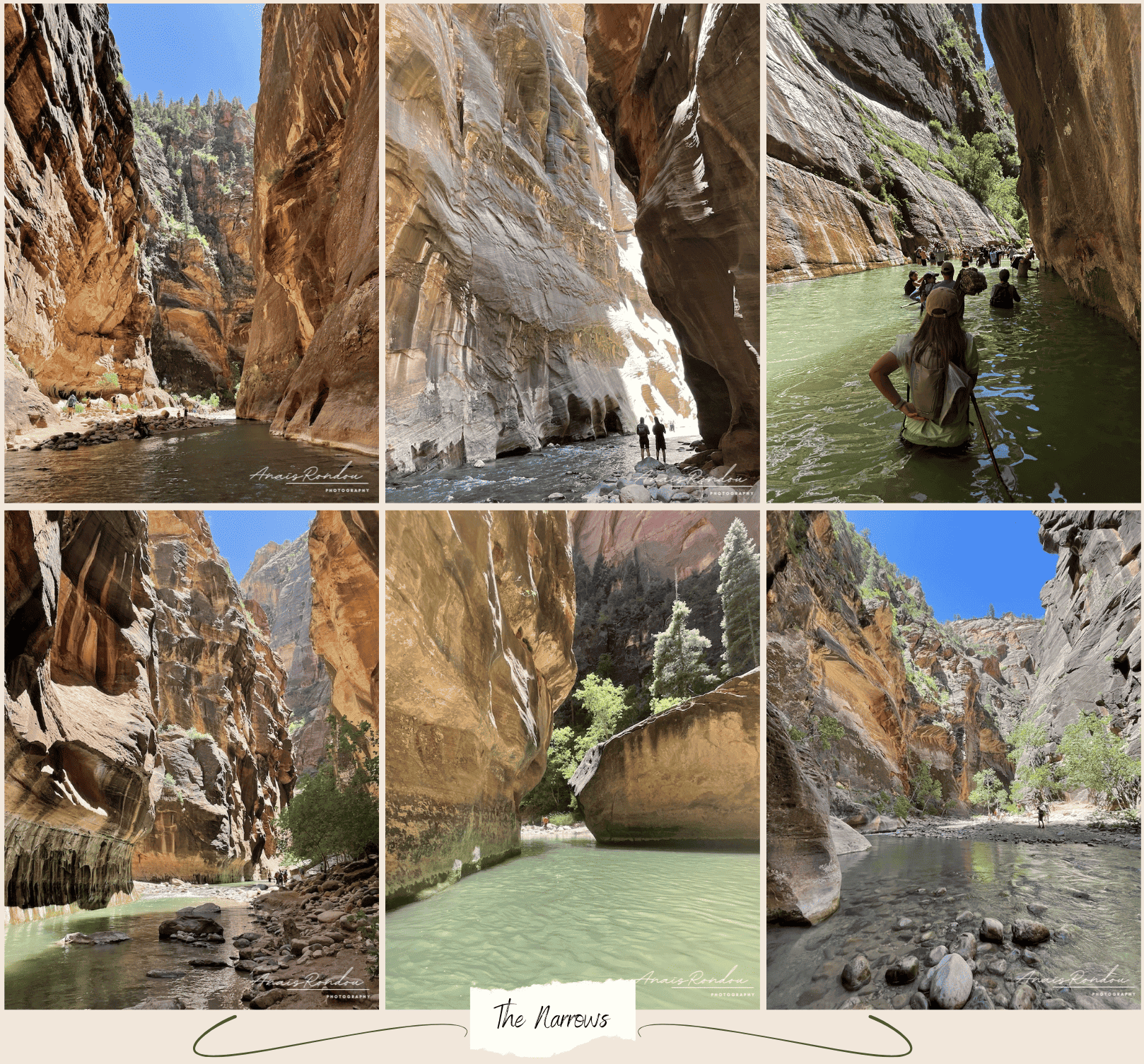 The Narrows Trail Zion Photos de la randonnée dans la rivière entre les falaises au parc national de Zion