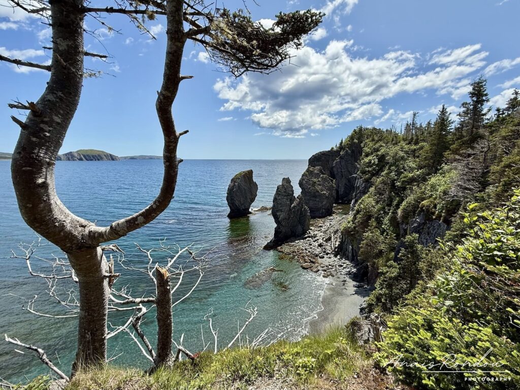 Rochers dans les eaux bleues proche du Skerwink Trail à Terre-Neuve