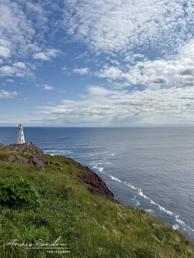 Vue sur la mer avec le phare de Cape Spear lors d'un road trip à Terre-Neuve