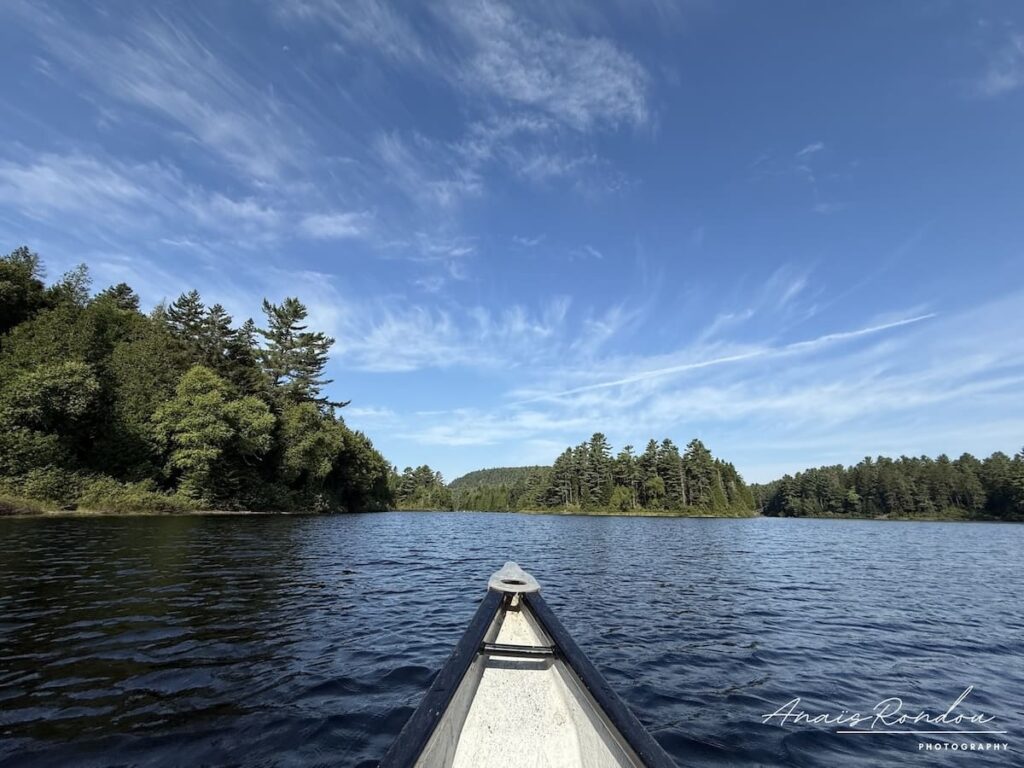 Bassin 4 du lac Wapizagonke en canot avec une île en son centre sous un ciel bleu