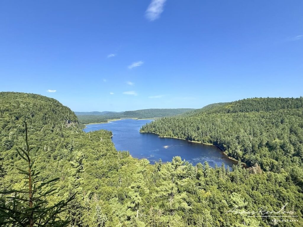 Vue sur le lac Anticagamac et la forêt autour sous un ciel bleu