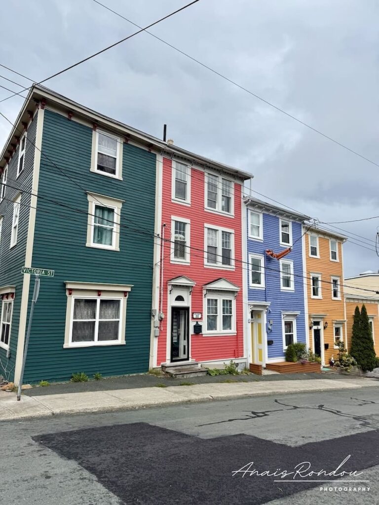 Maisons colorées de Saint John's sous un ciel nuageux