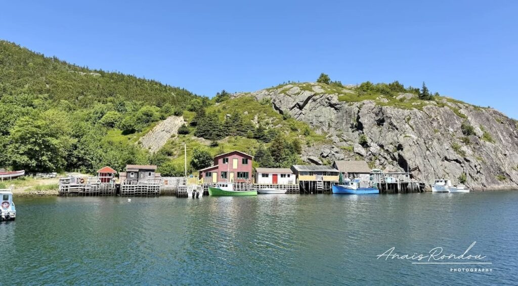 Village pêcheur Quidi Vidi Saint John's Village de pêcheur Quidi Vidi avec ses maisons sur un ponton en bois au dessus de l'eau accolé à une falaise sous un ciel bleu