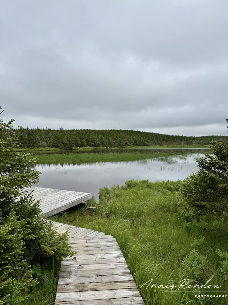 Vue sur le lac Benjie et son ponton en bois sous un ciel nuageux