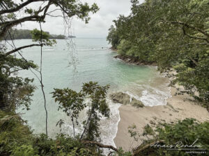 Plage avec eau bleu et végétation au parc national Manuel Antonio