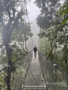 Pont suspendu au milieu de la jungle et de la brume au Costa Rica