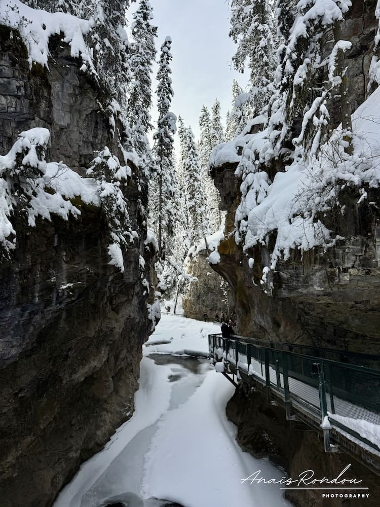 Chemin à flanc de falaise à Johnson Canyon à Banff en hiver