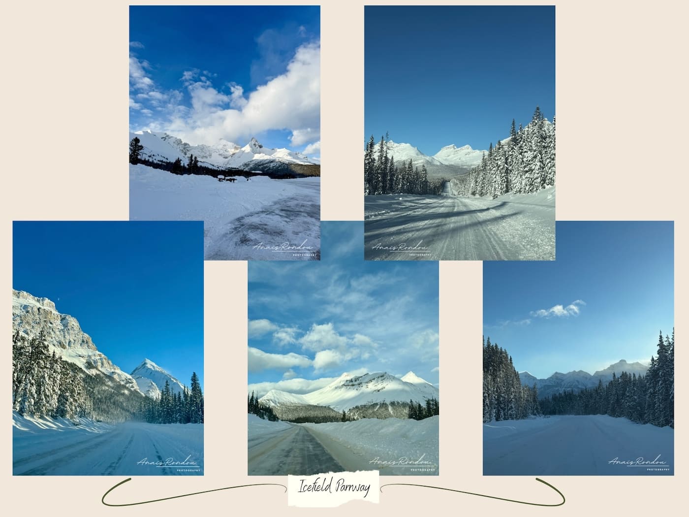 Paysages route des glaciers hiver Paysages des Rocheuses Canadiennes observés depuis la route des glaciers en voiture sous un ciel bleu