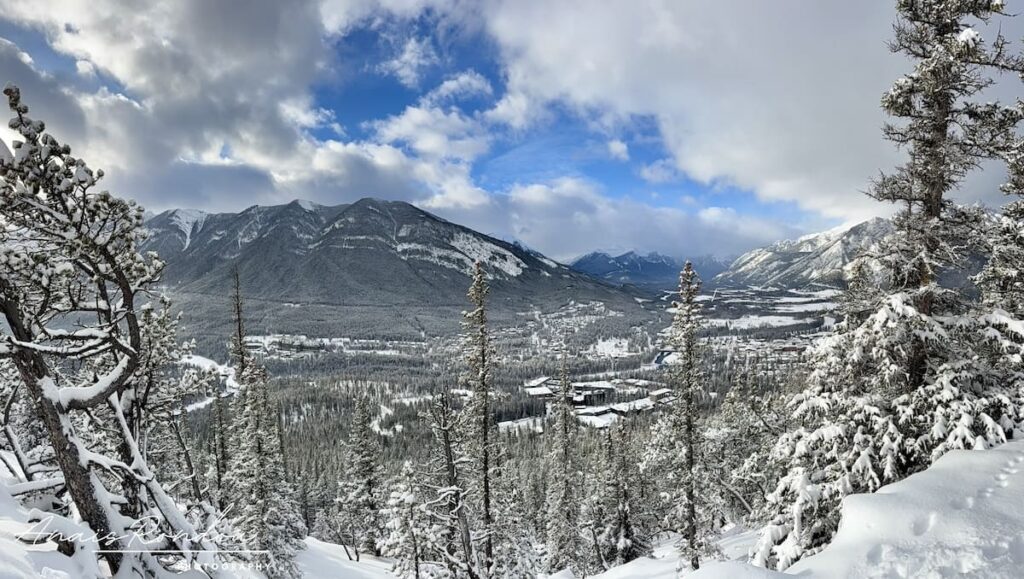 Vue ville de Banff en hiver Vue sur le ville de Banff et la vallée enneigée depuis le sommet du Tunnel Mountain Trail