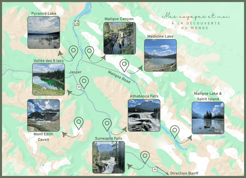 Carte des lieux et activités à faire au parc national de Jasper