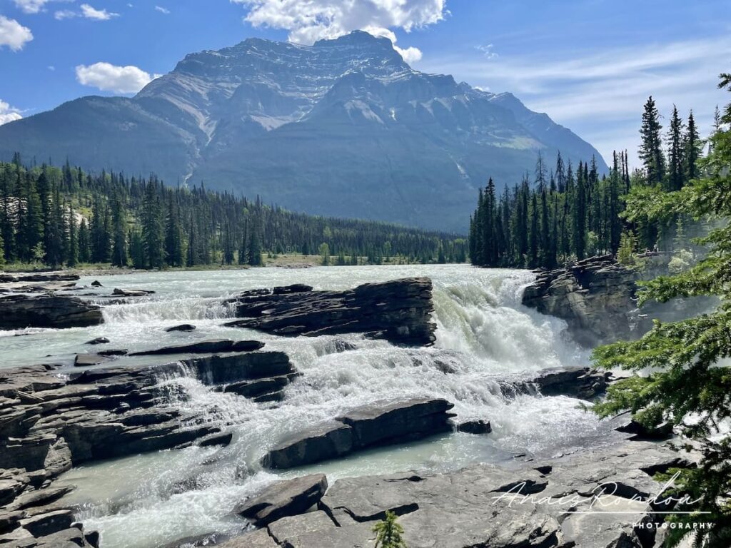 Chutes Athabasca avec une montagne en arrière plan au parc national de Jasper