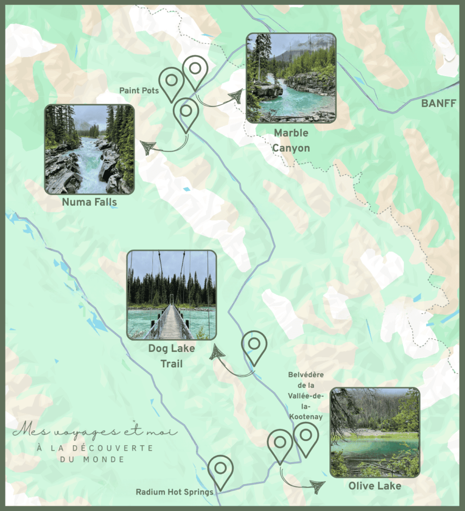 Carte des lieux à voir au parc national de Kootenay