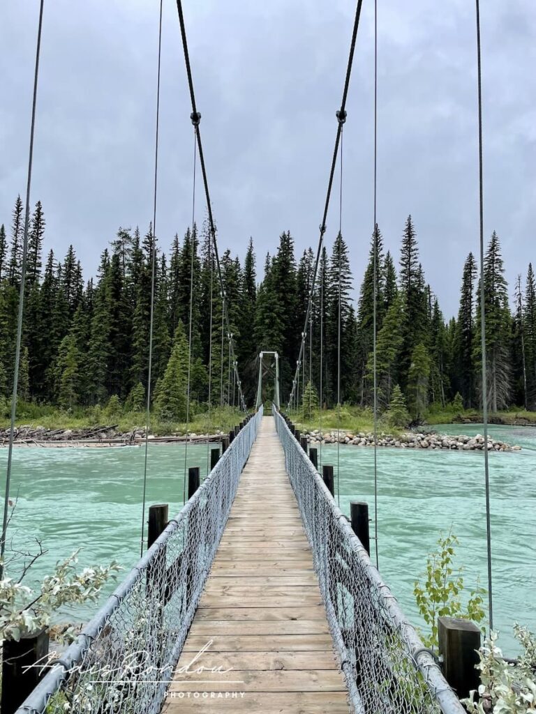 Pont qui traverses la rivière Kootenay de couleur bleue en direction du Dog Lake